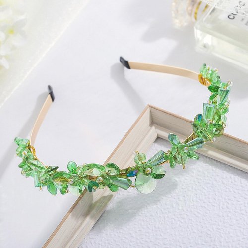 Formery Sparkle Green Crystals Headband Gold Crystal Beads Flower Hair Band Party Prom Wedding Handmade Beaded Floral Headpiece for Women and Girls