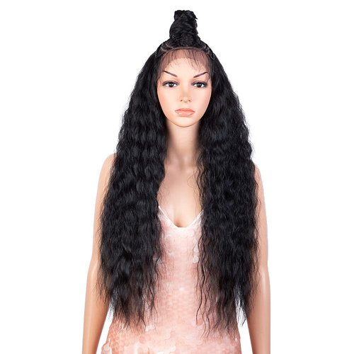 Style Icon 28”Ombre 13x7 Lace Frontal Wig Updo Bun Pre Braided Wigs with Baby Hair for Women Free Part Lace Frontal Wig High Temperature Water Wave Synthetic Wigs (28 Inches, 1B)