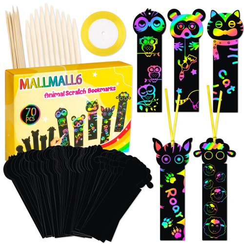 MALLMALL6 70Pcs Animal Scratch Bookmarks Scratch DIY Hang Tags Party Favors Theme Birthday Party ...
