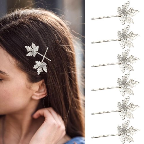 6Pcs Silver Maple Leaves Snap Hair Clips for Thin Hair Autumn Maple Leaf Flat Hair Clips Strong G...