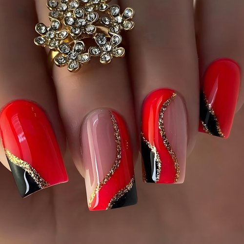 24Pcs Square Press on Nails Medium Fake Nails Red Black False Nails with Gold Line Designs Full Cover Glossy Acrylic Nails for Women and Girls Reusable Stick on Nails Jelly Press on Nails