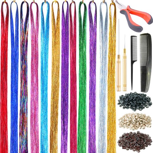 Hair Tinsel Kit 12 Colors 2400 Strands Tinsel Hair Extensions for Women Hair Extension Tinsel Kit Heat Resistant Glitter Fairy Hair Accessories for Christmas