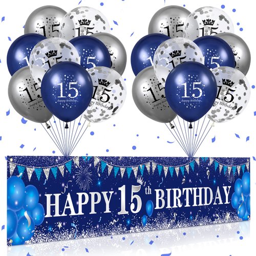 Blue 15th Birthday Decorations for Boys Girls, Navy Blue Silver Happy 15th Birthday Yard Banner and 15th Birthday Balloons for 15th Birthday Anniversary Party Supplies