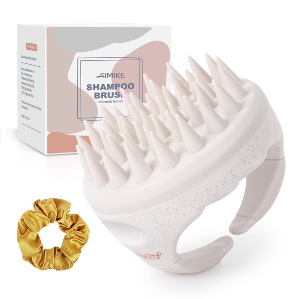 AIMIKE Soft Silicone Scalp Massager Brush, Exfoliator for Dandruff, Head Scrubber for Thick Curly Wet Dry Hair of Women Men Kids, Beige