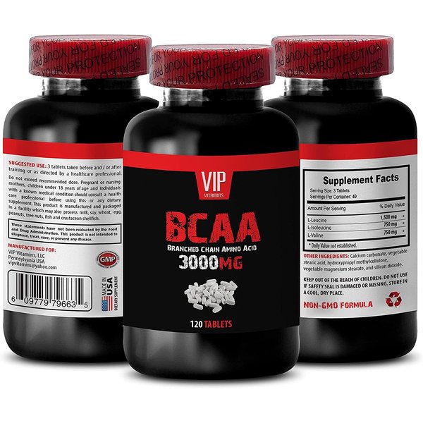 VIP Supplements Workout Pills for Men and Women - BCAA 3000 MG - BRANCHED Chain Amino Acid - leucine isoleucine and valine, 1 Bottle (120 Tablets)