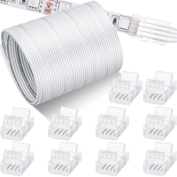 10 Pcs LED Strip Connectors 32.8ft RGB Extension Cable Wire Cord Kit Transparent Solderless Track Lighting Connector for Waterproof or Non Waterproof LED RGB Strip Light