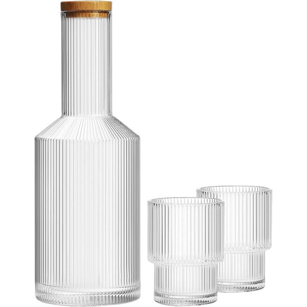 ALINK Glass Bedside Water Carafe with Lid and Glass Cups Set, Ribbed Carafe Glassware Drinking Glasses for Nightstand, 27oz Vintage Fluted Glassware Water Pitcher - Clear
