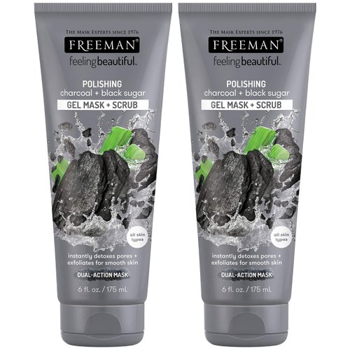 Freeman Feeling Beautiful Charcoal & Black Sugar Gel Mask and Scrub, 6-Ounce, 2 Count