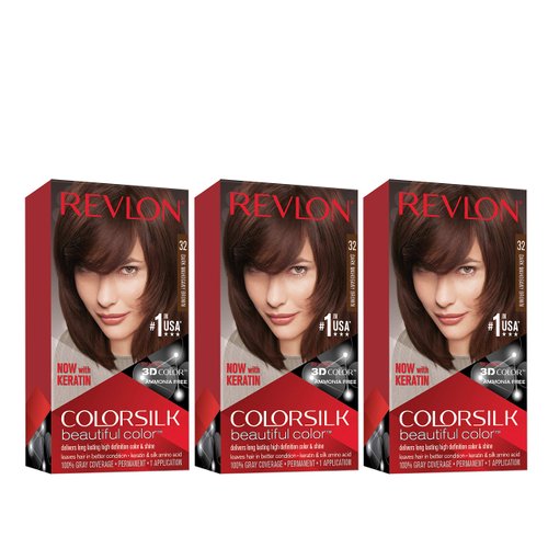 Revlon Colorsilk Beautiful Color, Permanent Hair Dye with Keratin, 100% Gray Coverage, Ammonia Free, 12 Dark Mahogany Brown (Pack of 3)