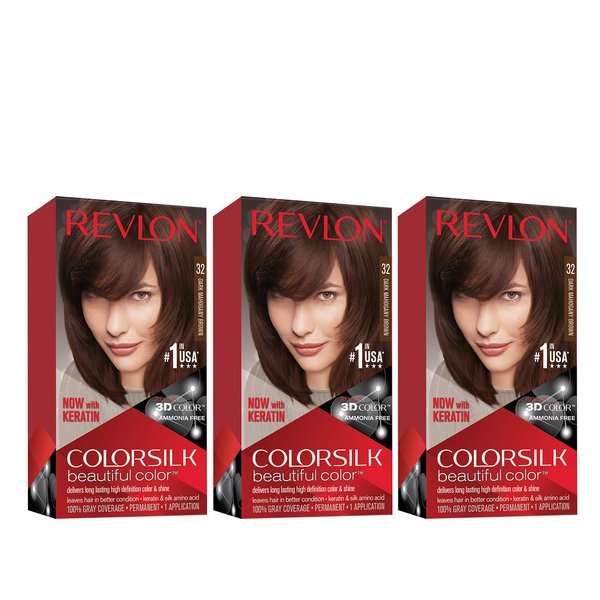 Revlon Colorsilk Beautiful Color, Permanent Hair Dye with Keratin, 100% Gray Coverage, Ammonia Free, 12 Dark Mahogany Brown (Pack of 3)