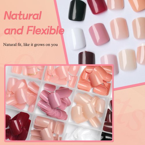 Lifextol 288pc Square Press on Nails Short Fake Nails with Glue and Adhesive Tabs, 12 Sizes Acrylic Nails Press on Nails Short Glue on Nails, Artificial False Nails Press ons Stick on Nails for Women