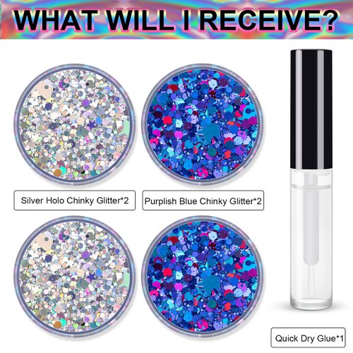 Silver and Purplish Blue Holographic Chunky Glitter Cosmetic Body Hair Face Eye Nail for Festival Carnival Concert Beauty Rave Accessories Different Shapes 4 Pots 32g/1.12oz+ Quick Dry Primer Glue Gel
