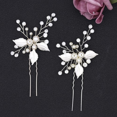 Ammei Headpiece Silver Wedding Headpieces For Bride Handmade Leaves Design Bridal Hair Pins with Rhinestones and Pearls Set Of 2 (Silver)