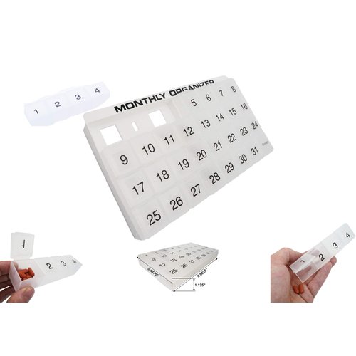 31 compartments, 1 per Day, 4 Week Monthly Pill Organizer by Promed. Includes Tray and 8 Removable compartments. (White)