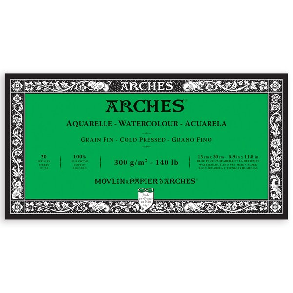 Arches Aquarelle Watercolor Block, Cold Pressed, 140lb/300gsm, 20 Sheet, 5.9x11.8 inch, Arches Watercolor Paper 100% Cotton
