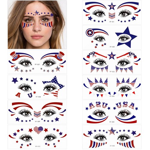 HOWAF 4th of July Face Tattoo Stickers,10Pcs USA Independence Day Facial Makeup Sticker Face Eye Tattoos Patriotic Fake Tattoos Supplies Waterproof Red White and Blue Party Tattoo Stickers USA America Flag Sticker Holiday Fake Tattoos