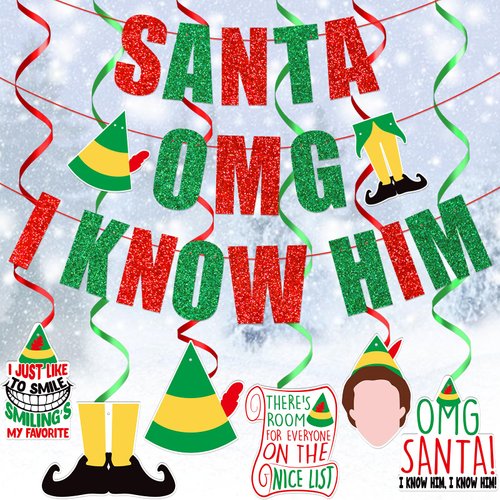 Santa OMG I Know Him Banner,Christmas Party Decorations,Christmas Mantle Home Decor,Buddy The Elf Party Supplies for Kids Boy and Girl