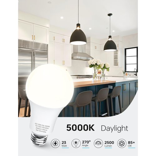 KINDEEP 23W LED Bulbs, A21 Super Bright Light Bulb, 150W-200W Incandescent Bulb Equivalent, E26 LED Light Bulbs, 2500 Lumens, Daylight White 5000K for Store, Garage, Warehouse, 6 Pack