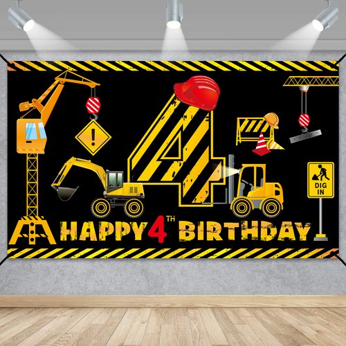 Construction 4th Birthday Banner Decorations for Boys Kids, Dump Truck Construction Theme Four Birthday Party Supplies, Excavator Crane Digger Four Year Old Banner Sign