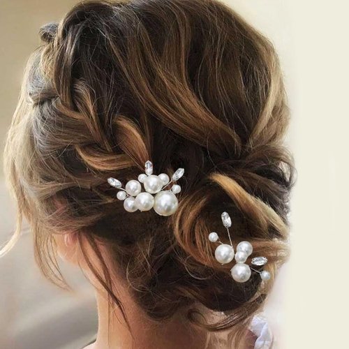 ALUINN Pearl Bride Hair Pins Crystal Hair Piece Wedding Bridal Hair Accessories for Women Brides and Bridesmaid (Pack of 2)（silver ）