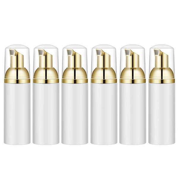 Lil Ray 2 Oz Empty White Foam Pump Bottle, Foamer Soap Dispenser for Lash Shampoo, Hand Soap, Foaming Cleaner(Gold Pump, 6 PCS)