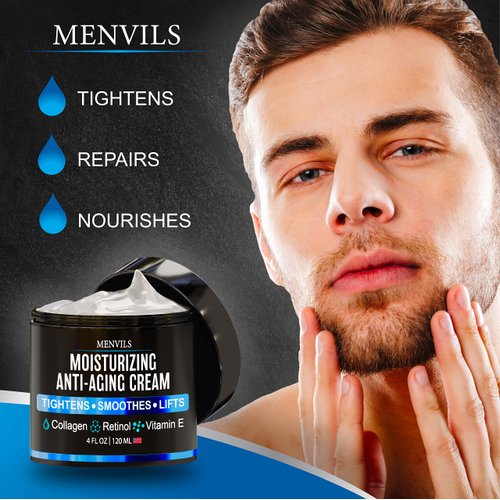 Mens Face Moisturizer Cream - Anti Aging & Wrinkle for Men with Collagen, Retinol, Vitamins E, Jojoba Oil - Face Lotion - Age Facial Skin Care - Eye Wrinkle - Day & Night - Made in USA, 4 oz