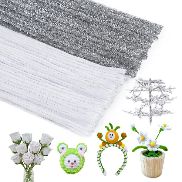 200PCS Pipe Cleaners Chenille Stem Set, 100PCS White +100PCS Glitter Silver Craft Pipe Cleaners, Fuzzy Sticks Pipe Cleaners Bulk for Arts and Crafts, Xmas Home Decoration
