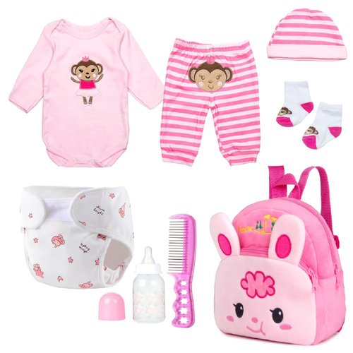 PEDOLLTREE Reborn Baby Doll Clothes Outfit Accessories Pink 8 Pcs Set with Rabbit Backpack&Diaper for 17-22 Inch Reborn Doll Newborn Baby Girl