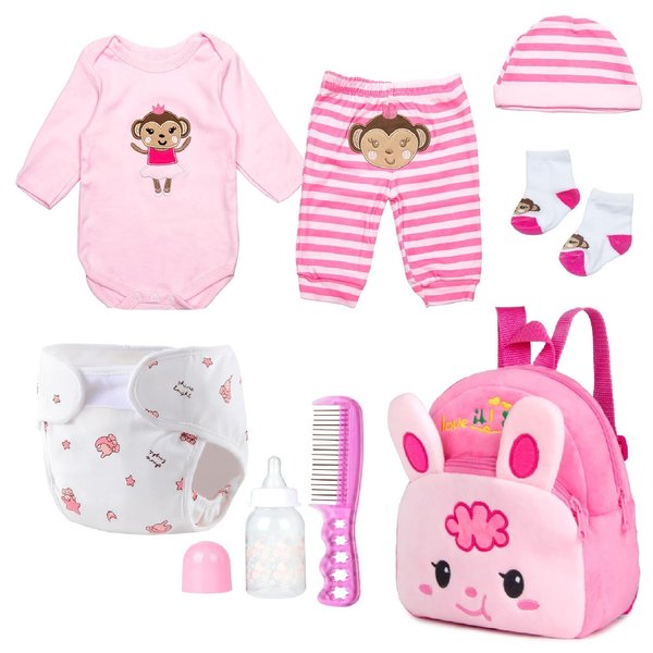PEDOLLTREE Reborn Baby Doll Clothes Outfit Accessories Pink 8 Pcs Set with Rabbit Backpack&Diaper for 17-22 Inch Reborn Doll Newborn Baby Girl