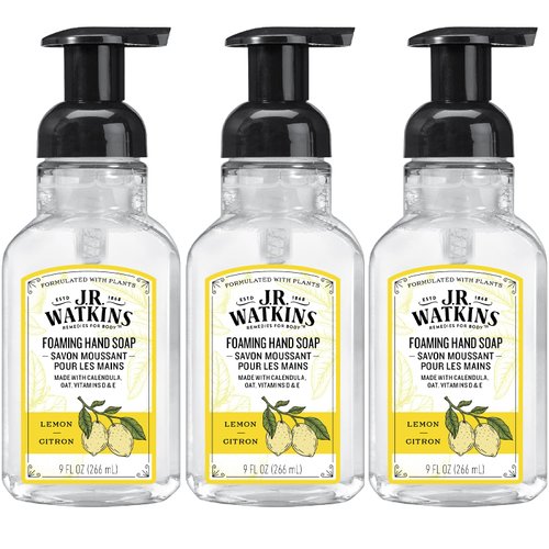 J.R. Watkins Foaming Hand Soap For Bathroom or Kitchen, Scented, USA Made And Cruelty Free, 9 Fl Oz, Lemon, 3 Pack