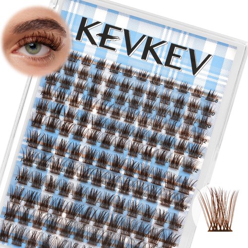 KevKev Brown Lash Clusters 144Pcs Eyelash Clusters Natural Look DIY Lash Extensions Wispy Cluster Lashes D Curl Individual Lashes Thin Band & Soft False Lashes(Jade, D-8-18mix)