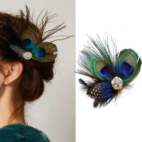 Peacock Feather Hair Clip Vintage Feather Fascinator Crystals Hairpin for Women Girls Beautiful Peacock Hair Accessories Hair Decoration for Daily Use and Party 1 PCS