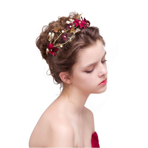 Wedding Headpiece Red Flower Gold Butterfly Hairbands Wedding Tiara Pearl Headbands Bridal Hair Bridesmaid Jewelry Accessories (B)