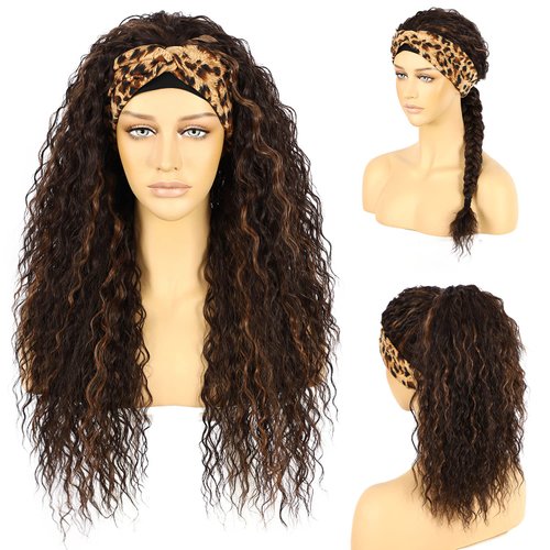SOMIARIK Headband Wigs for Black Women Natural Hairline Synthetic Brown Loose Curly None Lace Front Wigs for Black Women Glueless Machine Made Wig Wavy pre plucked Headband Wigs 26 Inch