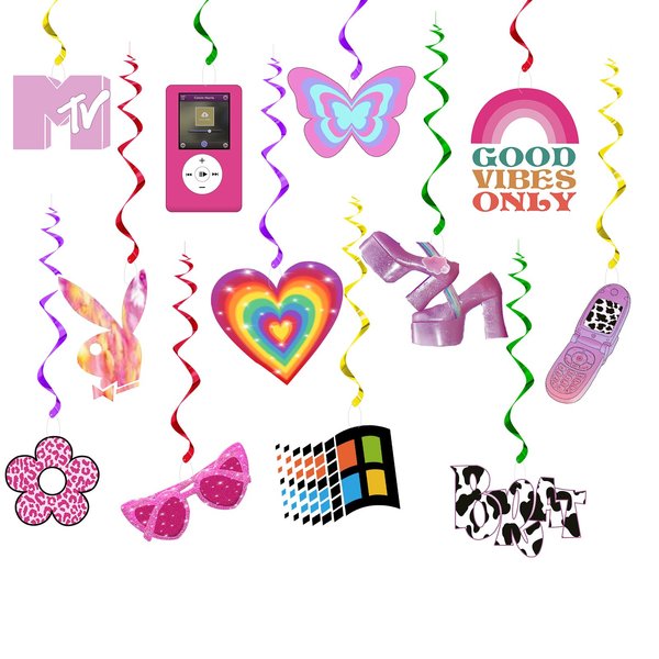 24Pcs Y2k 2000s Pink Party Swirl Decorations Hanging Spiral Decor Whirl Streamers Rainbow Hearts Ceiling Streamers Y2k Spiral Favors for Birthday Female Bachelorette