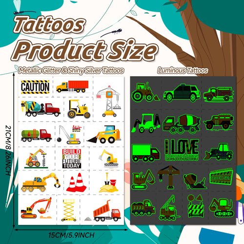 EMOME Glow + Metallic Temporary Tattoos for kids, Waterproof Pre-cut Tattoo Stickers, Birthday Girl Boy Party Favors Supplies Accessories (Construction)