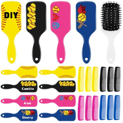 SiliFine 24 Pcs Softball Hair Brush and Combs Set, Softball Gifts for Team 12 Softball Wet Small ...