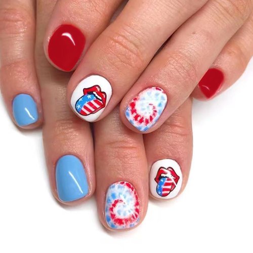 OLIUKJU 4th of July Nails Extra Short Press on Nails Square Fake Nails Blue White and Red False Nails USA Flag Lips ＆ Swirl Designs Independence Day Stick on Nails for Women Girls 24 Pcs Short Nails
