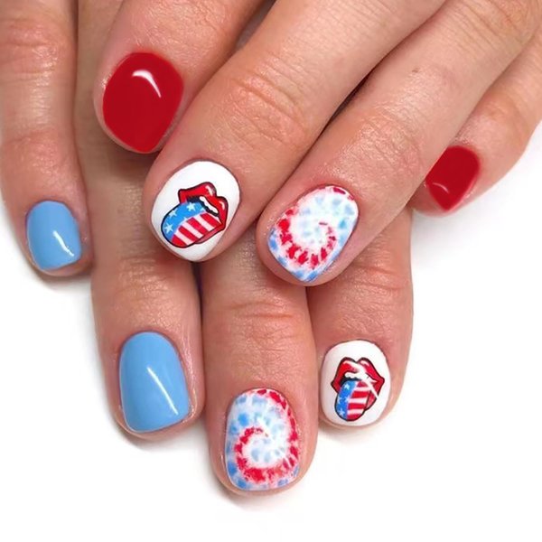 OLIUKJU 4th of July Nails Extra Short Press on Nails Square Fake Nails Blue White and Red False Nails USA Flag Lips ＆ Swirl Designs Independence Day Stick on Nails for Women Girls 24 Pcs Short Nails