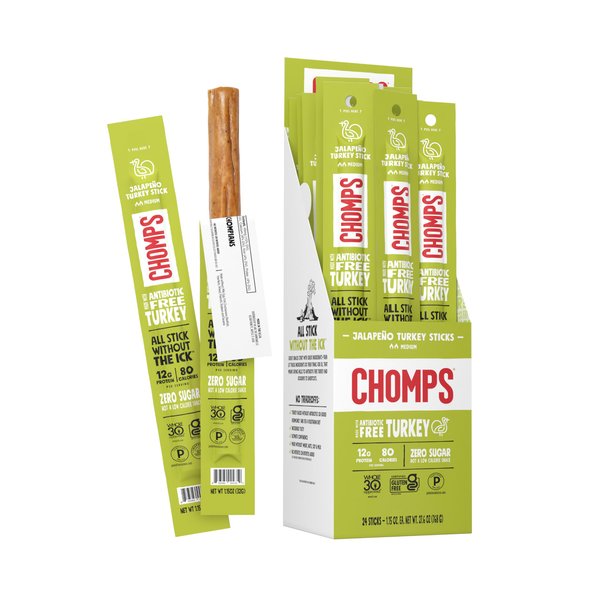 Chomps Jalapeño Turkey Jerky Meat Snack Sticks 24-Pack - Keto, Paleo, Low Carb, Whole30, 12g Lean Meat Protein, Gluten and Antibiotic Free, Zero Sugar
