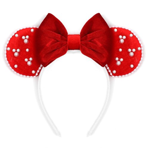JIAHANG Velvet Mouse Ears Hair Bow Headband with Pearls, Red Christmas Party Decoration Costume H...
