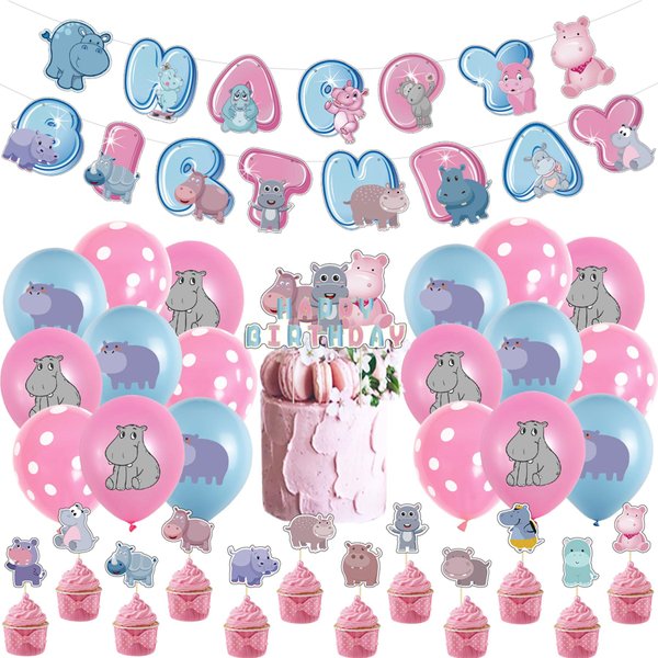 Hippo Birthday Party Supplies Cute Hippo Party Decorations Include HAPPY BIRTHDAY Banner Balloons Cake Topper Cupcake Toppers Cartoon Hippo Birthday Party Decoration