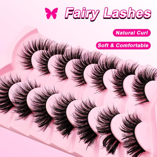 Cat-Eye Lashes Flu-ffy 21mm Manga Lashes Wispy Fairy Eyelashes, Curly Volume Spiky Lashes Faux Mink False Eyelashes that look like extensions Lashes Natural Look 7 Pairs Pack(ZD98)