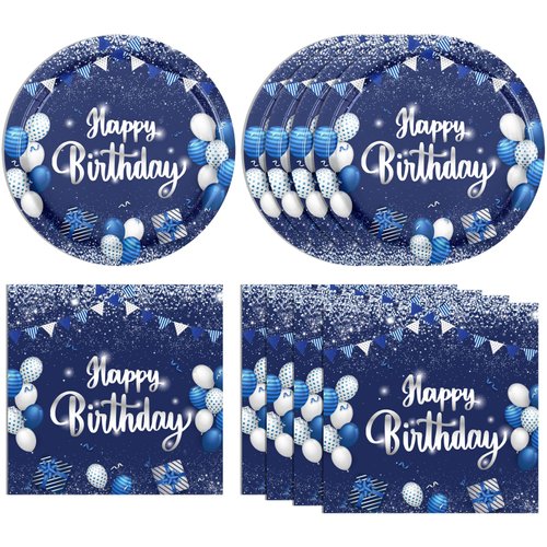 40PCS Happy Birthday Decorations Navy Blue and Silver Themed Disposable Party Favors Including Plates Napkins for Men Boys Women Girls Birthday Anniversary Party Supplies