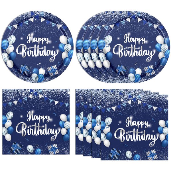 40PCS Happy Birthday Decorations Navy Blue and Silver Themed Disposable Party Favors Including Plates Napkins for Men Boys Women Girls Birthday Anniversary Party Supplies