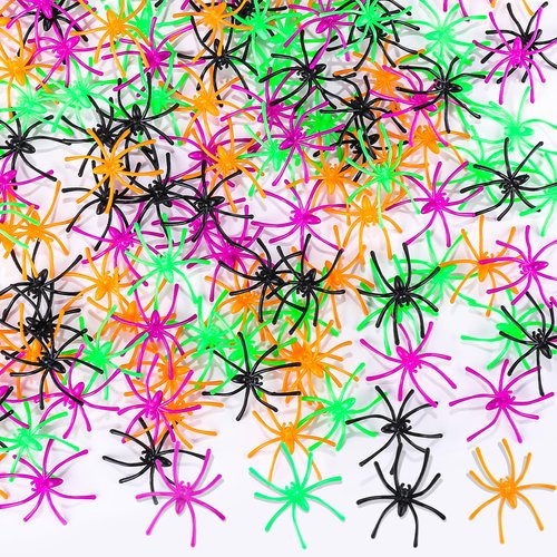 GlyinnHe 160PCS Halloween Mini Plastic Spiders 4 Colors Small Fake Spider Toys Spiders Prank Props for Halloween Home and Party Decorations