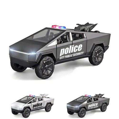 SUVABE Cybertruck Toy Trucks Police Cars Cybertquad Alloy Die-cast Truck 1/32 Toy Cars Race with Sound and Light (Grey)