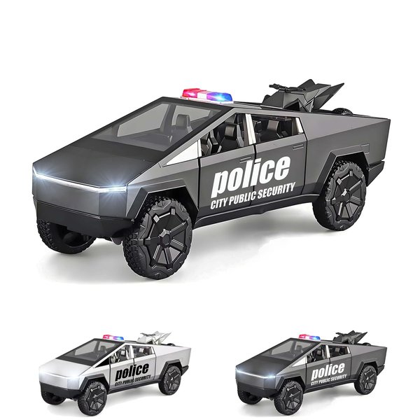SUVABE Cybertruck Toy Trucks Police Cars Cybertquad Alloy Die-cast Truck 1/32 Toy Cars Race with Sound and Light (Grey)