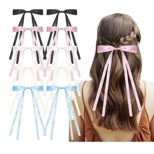 ROPCIA 10pcs Bow Hair Clips Hair Clip Set Metal Hair Clips Long Tail Bow Hair Ties For Women Teenagers Children, Five Colors Bow Hair Clips Accessories