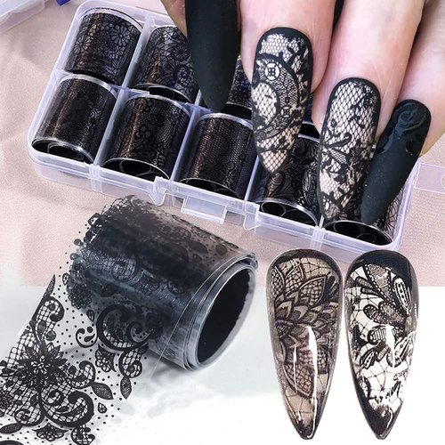 10 Rolls Retro Holographic Nail Foil Transfer Stickers Black Lace Laser Foils Nail Art Supplies S...